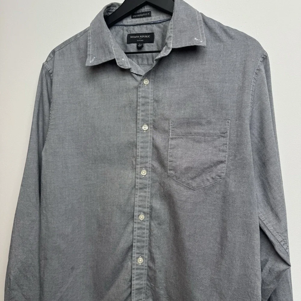 Banana Republic Gray L Oxford Dress Shirt Cotton Untucked Button-Up Preppy Men's